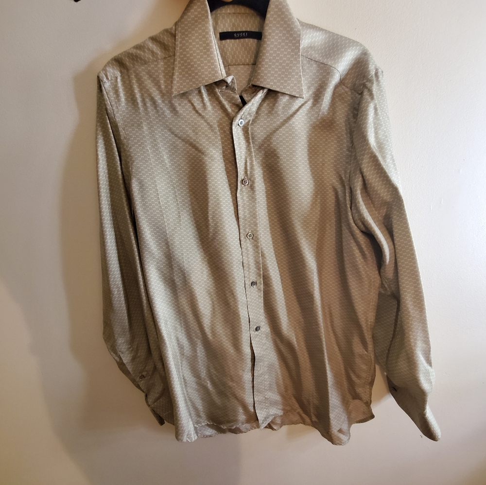 Gucci Men|Formal Shirt|Green Dots|100%Silk|Size 42